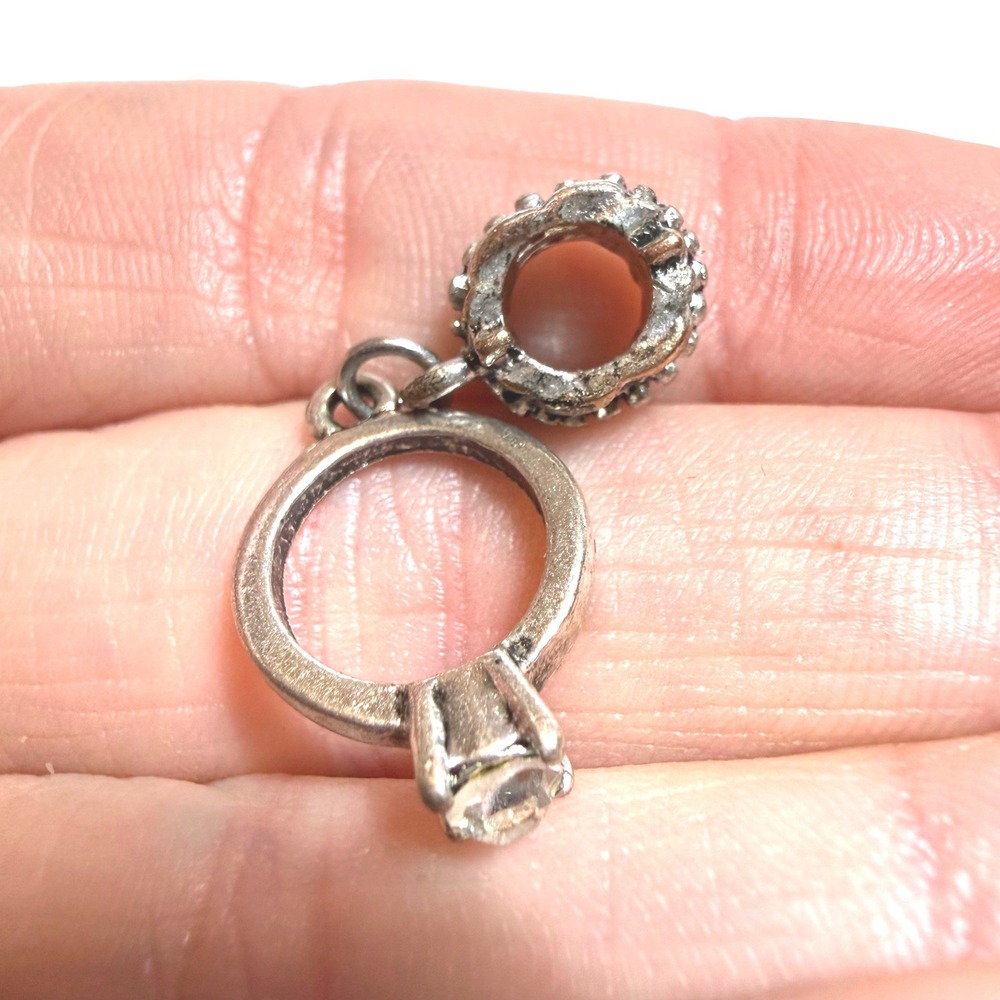Silver Solitaire Engagement Ring Dangle Charm for Bracelet Clear Stone 1 Inch